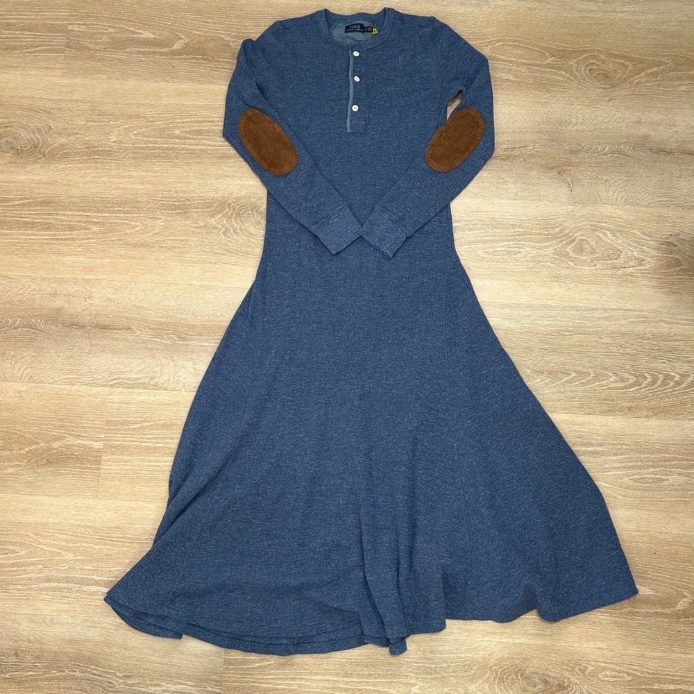 Polo Ralph Lauren Henley Dress Women Large Blue Elbow Patch Maxi Knit $200